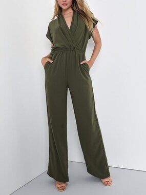 Lulus Undeniable Success Olive Green Short Sleeve Wide-leg Jumpsuit - Size XS